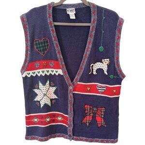 Vintage 90s Grandmacore Cross Stitch Cat Sweater Vest Size L